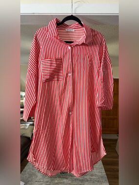 Solution Red & White Striped Oversized Button Down Shirt Dress – Size Medium ❤️🤍